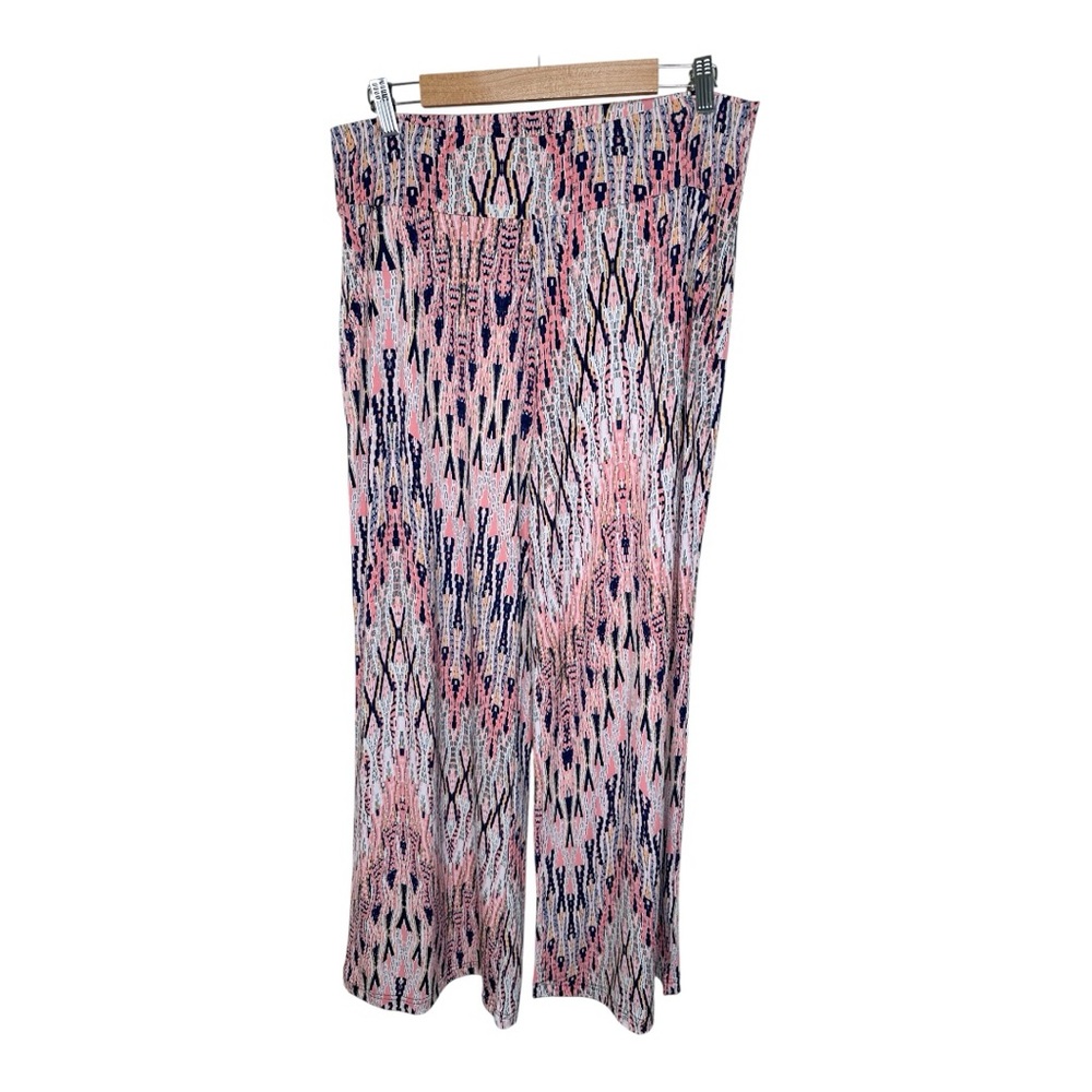 Clara Sun Woo Size 1X Palazzo Pants Stretchy Knit Pink Blue Geometric Tribal